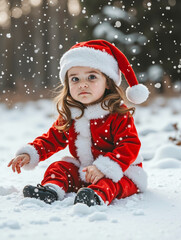 A little girl in a red suit and hat sitting in the snow
