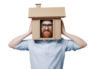 Man with head inside a cardboard house