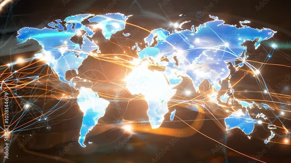 Poster a digital world map with glowing connections, representing global communication and data flow.
