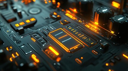 Close-up of a futuristic circuit board with glowing orange lights.