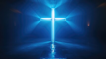 Naklejka premium Abstract cross with blue light and rays, ideal for powerful messages of faith and strength