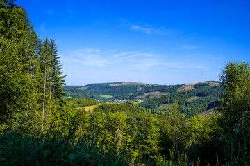Landscape in the Sauerland near Olsberg. Nature with hiking trails on Istenberg in the Rothaargebirge.
