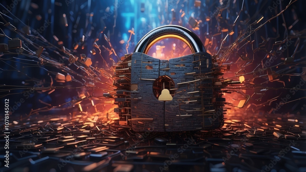 Poster intense depiction of a hacker attack scenario, showcasing a shattered padlock against a backdrop of 