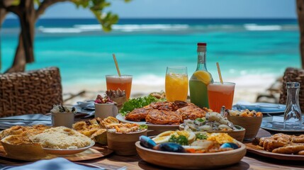 A table full of food and drinks with a beach setting quality pic.