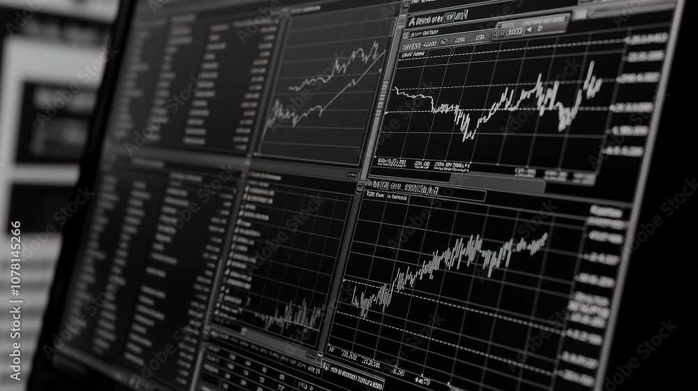 Poster detailed stock market analysis displayed on laptop screen with graphs and data visualizations showin