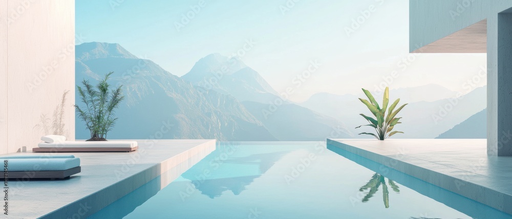 Poster a pool with a view of mountains and a palm tree