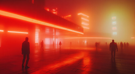 A person walks down a street surrounded by tall buildings with neon signs