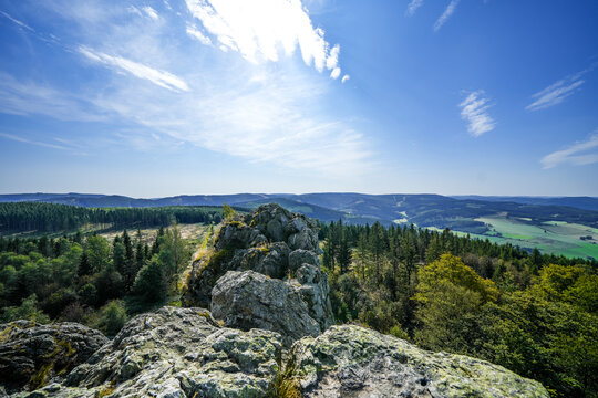 Landscape near Bruchhauser Steine ​​at Istenberg in the Rothaar Mountains. Hiking trails in the Sauerland.
