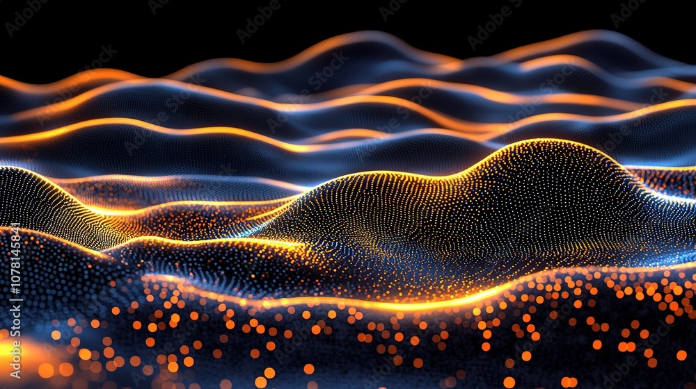 Poster abstract stock market trends visualization with flowing graphs and dynamic data points representing 