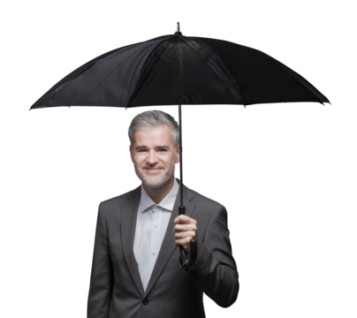 Businessman holding an umbrella and protecting himself from the rain - Powered by Adobe