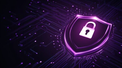Digital security shield with a padlock icon on a purple quality pic.