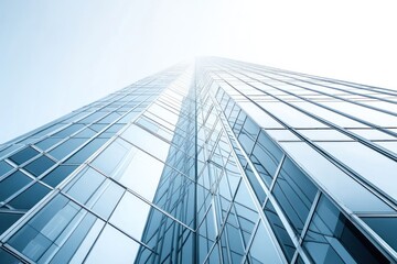 A modern skyscraper viewed from below, showcasing its glass facade and towering height.