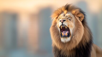 Fototapeta premium The Lions head was fierce and majestic, with its mouth open wide displaying its sharp, glistening teeth as it let out a powerful roar