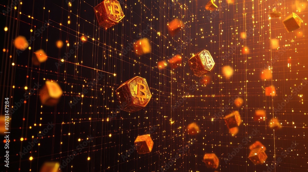 Poster digital bitcoin floating in abstract network design