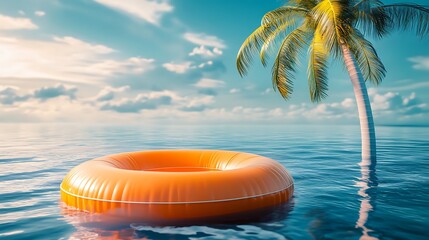 Obraz premium A serene beach scene featuring an orange float in calm waters beside a palm tree under a bright sky.