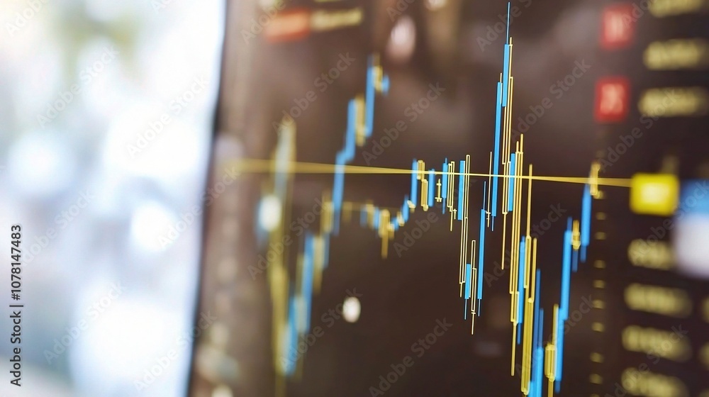 Poster analysis of stock market performance displayed on laptop screen with financial graphs and data visua