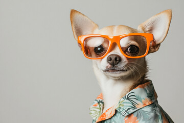 A small, tan and white chihuahua wears orange sunglasses and a tropical print shirt. The dog is looking directly at the camera with a serious expression