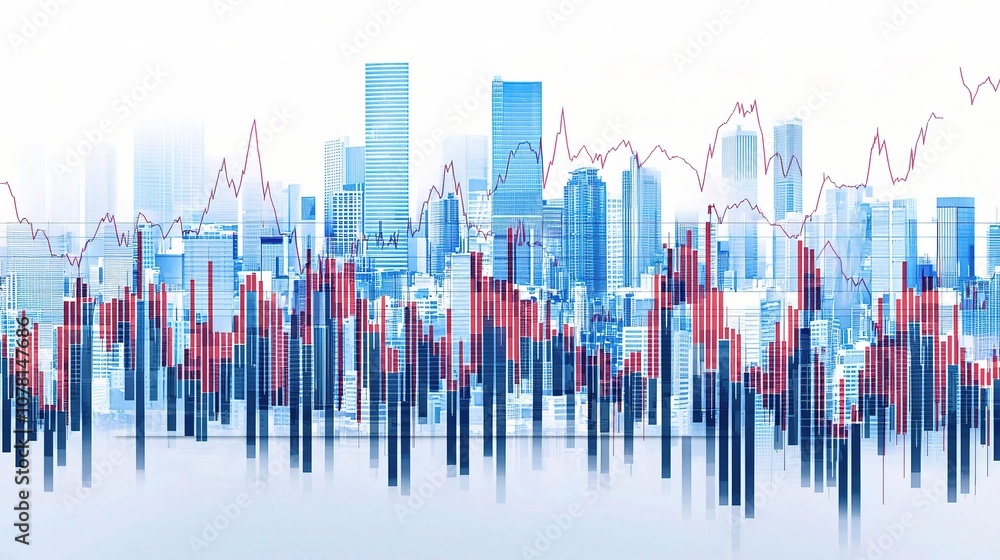 Poster stock market performance chart displayed on a tablet against a modern city skyline with abstract fin