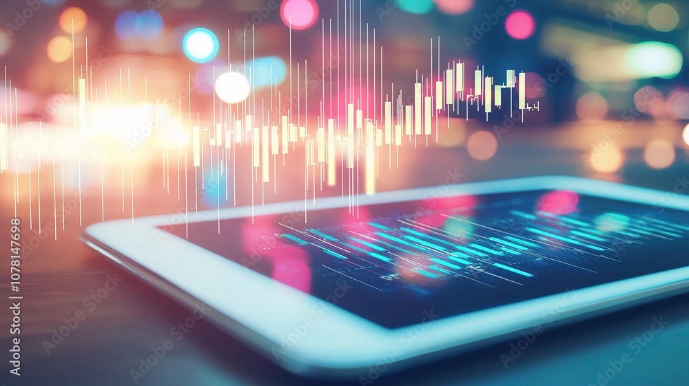 Poster stock market performance chart displayed on a tablet with colorful background and blurred lights ill