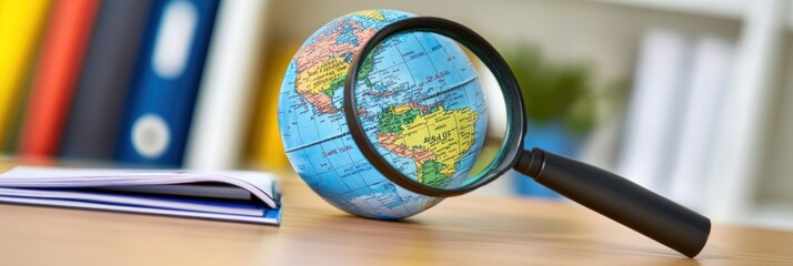A globe under a magnifying glass on a desk, symbolizing exploration and learning.