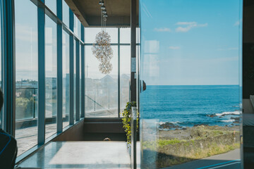  카페, 벤치, 상들리에, 장식품, 바다