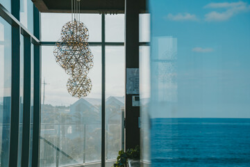  카페, 벤치, 상들리에, 장식품