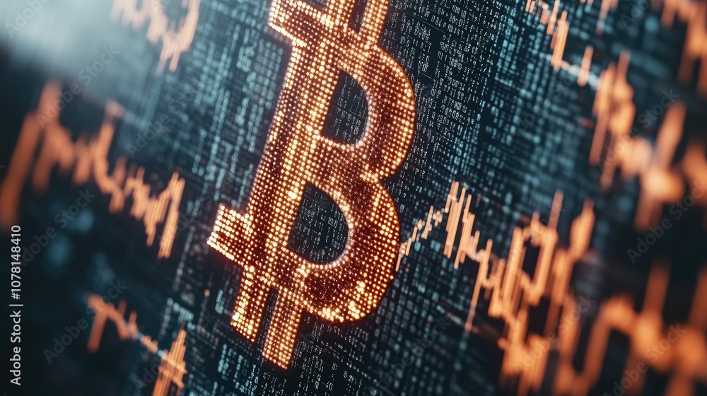 Poster bitcoin symbol on digital background with data charts