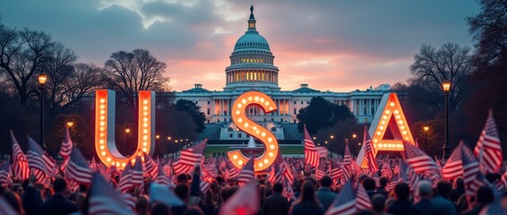 Crowd waving American flags in front of illuminated USA sign and U.S. Capitol building at sunset. Patriotic gathering concept