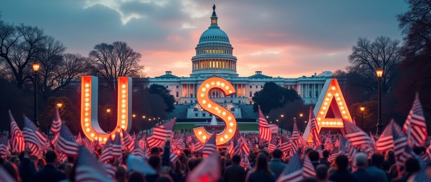 Crowd waving American flags in front of illuminated USA sign and U.S. Capitol building at sunset. Patriotic gathering concept
