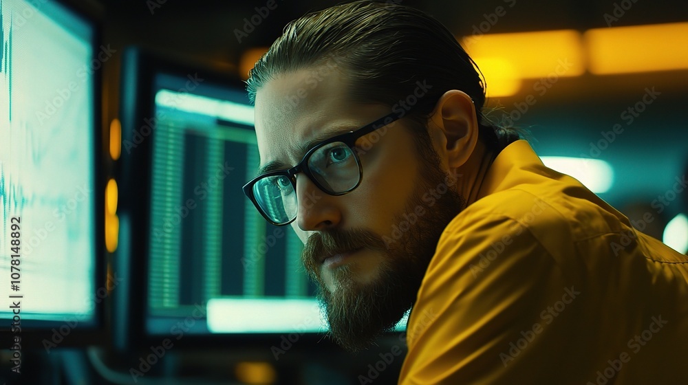 Poster stock trader analyzing investment charts with focused expression in a modern trading environment, su