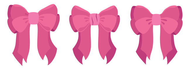 Vector Illustrations of soft pink vintage bow set. Bow for girly hair decor, flat icons. Ribbons isolated. Trendy girls accessories. Cute hairstyle elements collection.Simple handdrawn pink ribbon bow