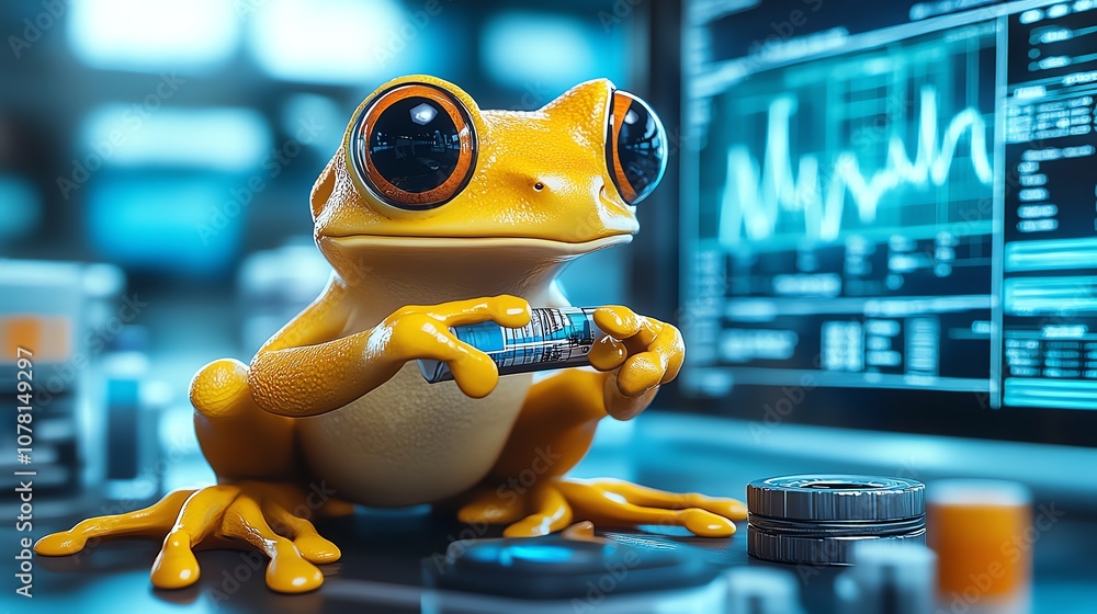 Leinwandbilder a cartoon frog sits in a lab, holding a computer chip in its hands. the frog is wearing a white lab 