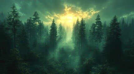 Obraz premium Ethereal forest with mist and sunlight filtering through trees.