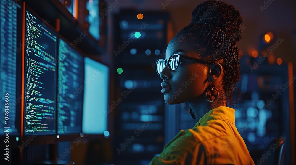 Poster focused black woman in it support role troubleshooting computer systems amidst high-tech environment