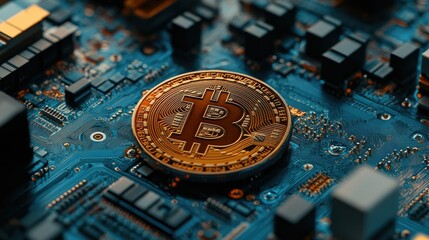 Bitcoin Coin on Circuit Board Background