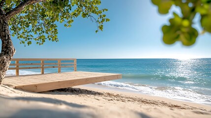 The Summer Beach Podium is a wooden platform elevated above the sandy shoreline