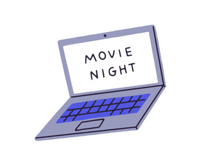 Icon of laptop for watching movie. Open portable computer to watch films. Modern equipment with screen, touchpad, keyboard to have fun at leisure. Flat isolated vector illustration on white background