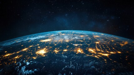 Obraz premium A view of Earth from space, showcasing illuminated cities at night.