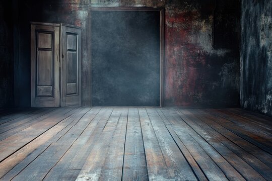 A dark and spooky abandoned room with a wooden floor, a cracked wall, and an open door.