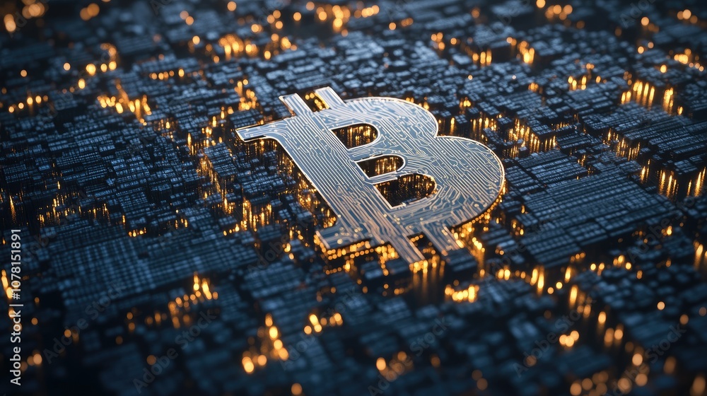 Poster bitcoin symbol in digital circuit background