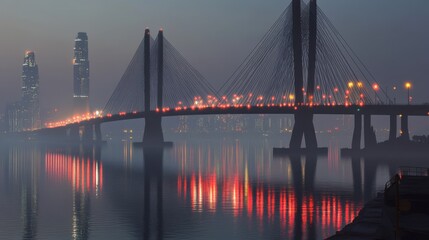 Fototapeta premium Foggy Night View of Suspension Bridge and City Lights