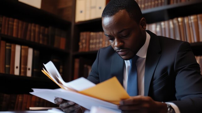 African personal injury lawyer reviewing client case. organized setup with files and documents.