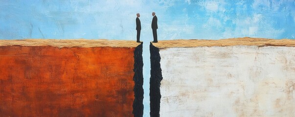 Two figures stand at the edge of a chasm, symbolizing distance, communication barriers, and emotional separation.