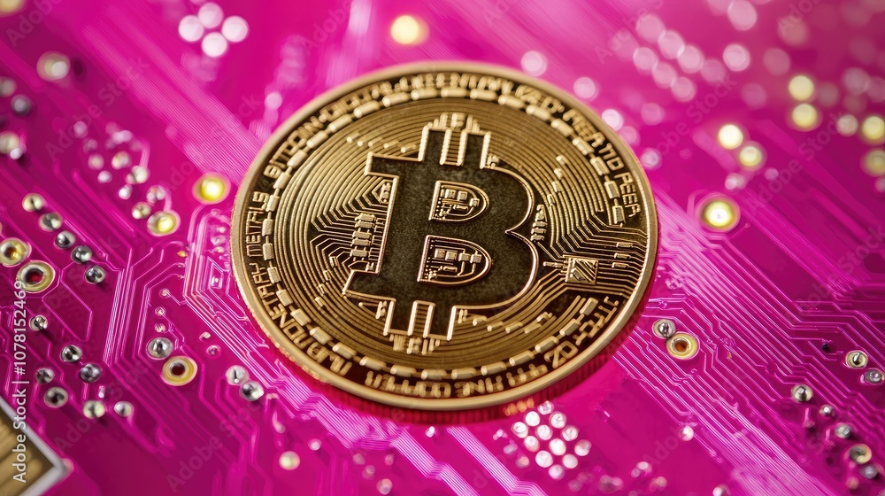 Poster cryptocurrency bitcoin coin on pink circuit background