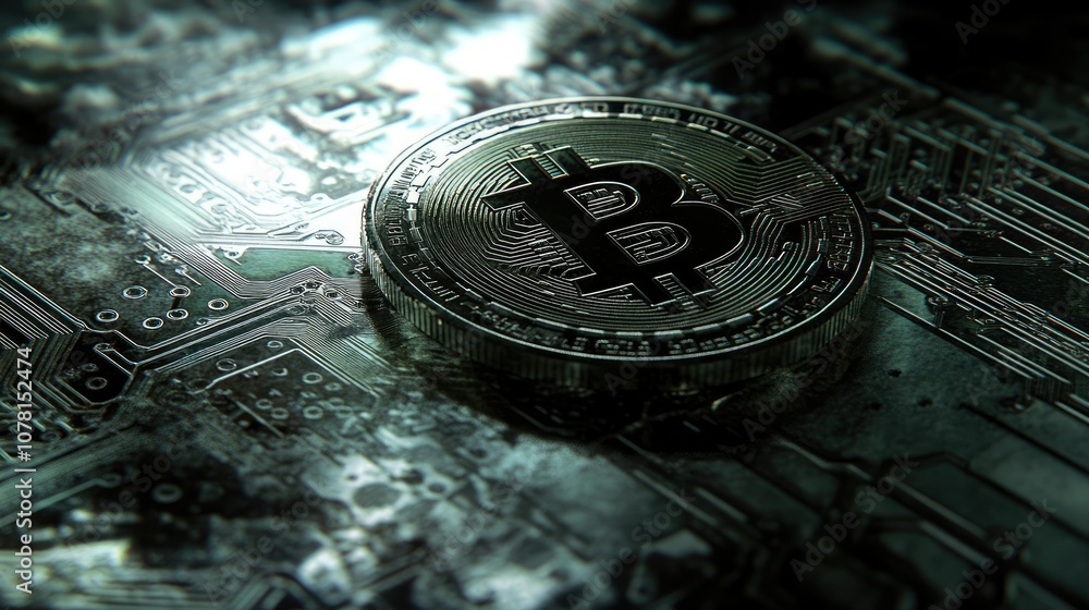 Poster bitcoin coin on circuit board background