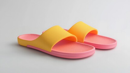 Fototapeta premium A pair of colorful slide sandals featuring a yellow upper and pink sole, ideal for casual wear.