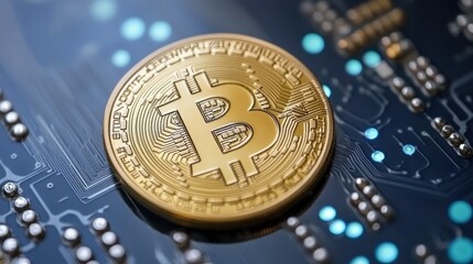 Golden Bitcoin Coin on Circuit Board Background