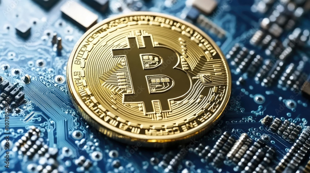 Aufkleber golden bitcoin on computer circuit background