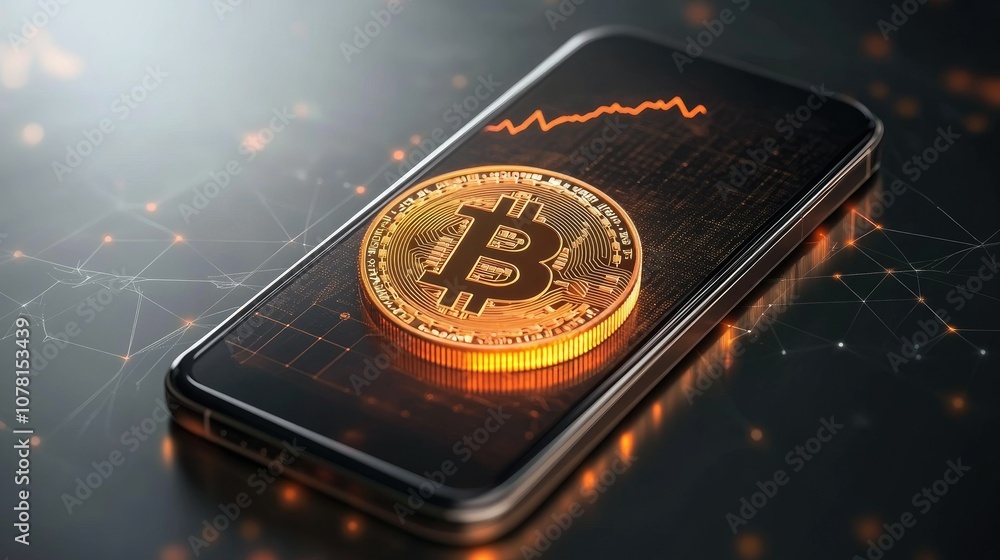 Poster smartphone displaying bitcoin with graph overlay