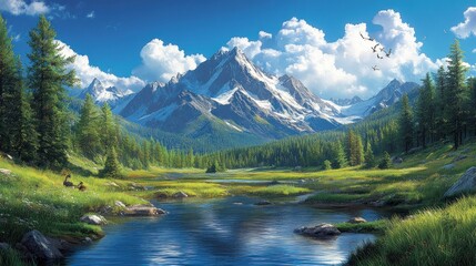 Fototapeta premium Serene mountain landscape with a river and lush greenery.